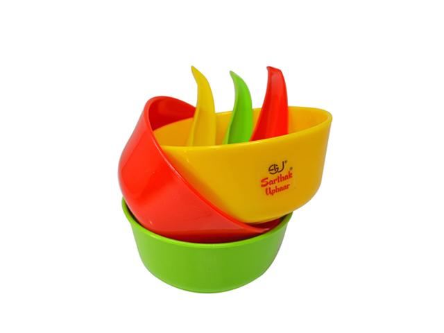 SARTAHK UPHAAR PLASTIC MICROWAVE SAFE SOUP BOWL SET OF 6 PIECES (3 BOWL, 3 SPOON) 280 ML MULTICOLOR
