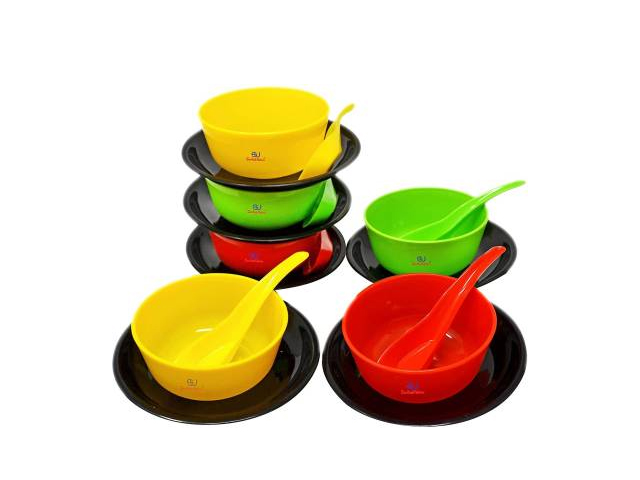 Sarthak Uphaar Plastic Microwave Safe Soup Bowl Set of 18 Pieces (6 Bowl, 6 Spoon, 6 Plates) Multicolor